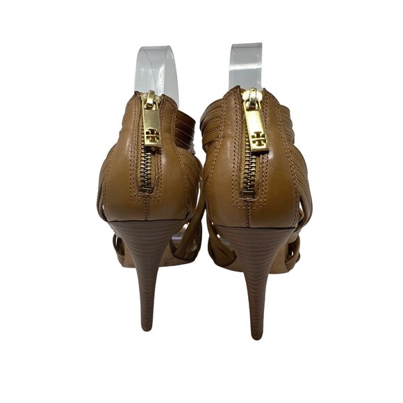 Tory Burch Liv Cage Gladiator Shoes Brown Leather Zipper Heels Open Toe Size 8M - Picture 3 of 11
